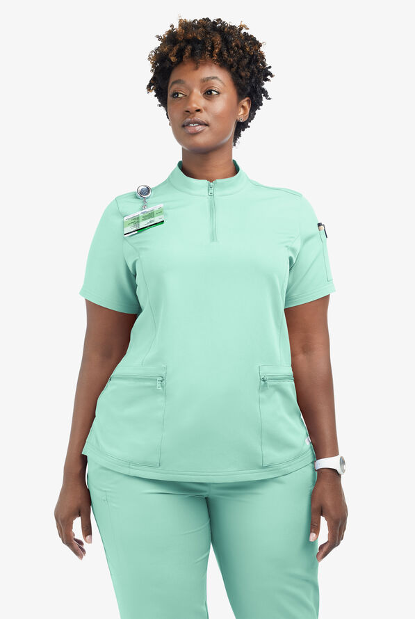 Butter-Soft Women's 5-Pocket Zipper Neck Short Sleeve Scrub Top **Slightly IRREGULAR** - Beachside Blue - 5