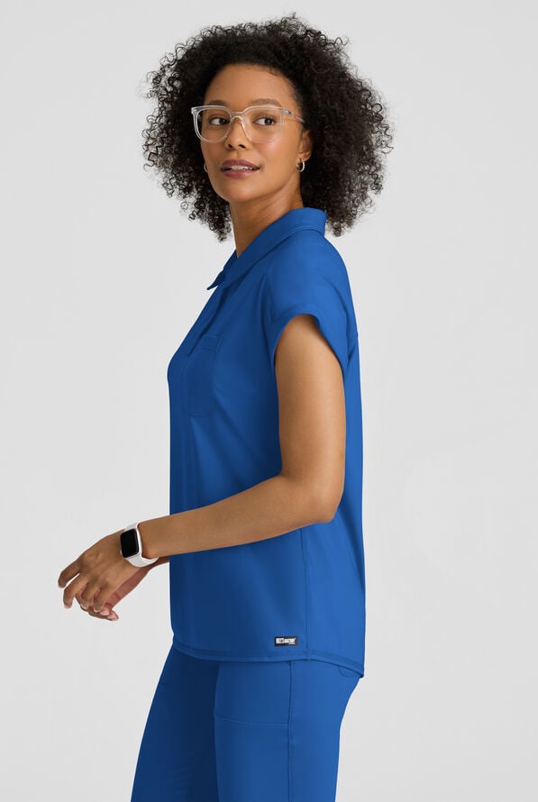 Grey's Anatomy by Barco Knit STRETCH Renew Women's 1-Pocket Dolman Sleeve Polo Scrub Top - Royal - 6