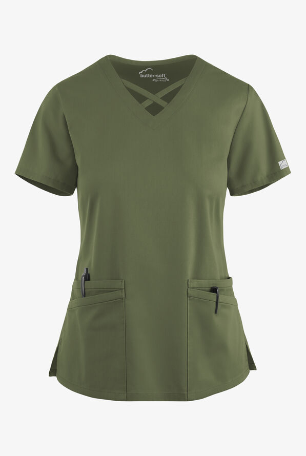 Butter-Soft STRETCH Women's 4-Pocket Crisscross Scrub Top - Light Olive - 1