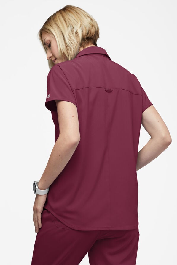 Easy STRETCH LEA Women's 3-Pocket Polo Collar Scrub Top - Wine - 4