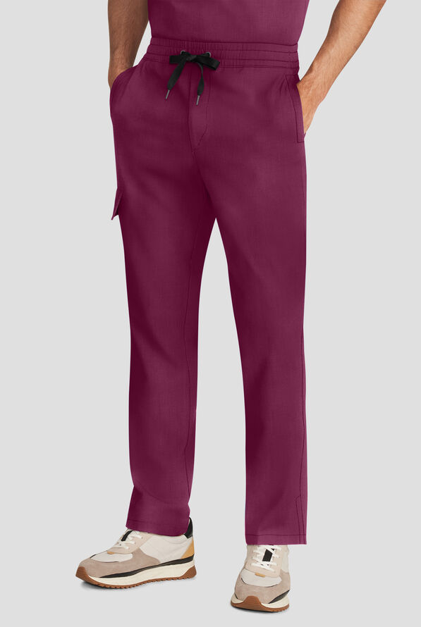 Healing Hands Quest Men's 4-Pocket STRETCH Straight Leg Drawstring Cargo Scrub Pant - Wine - 1