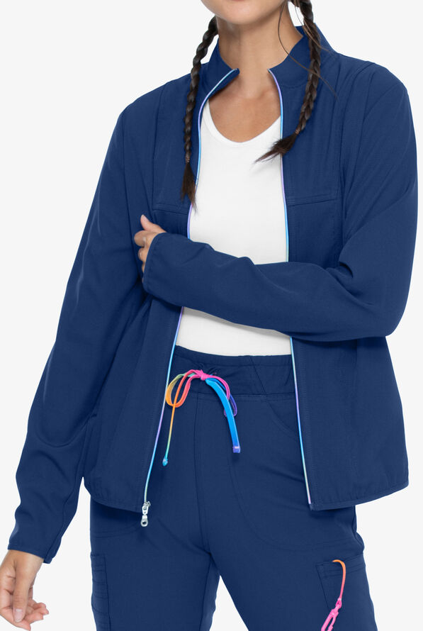 heartsoul Good Vibes Women's 2-Pocket STRETCH Zip Front Packable Scrub Jacket - Navy - 1