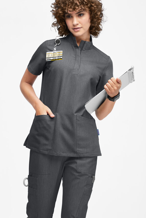 Movement by Butter-Soft Lyrae Women’s 6-Pocket Zip Closure Neck Scrub Top - Charcoal Heather - 2