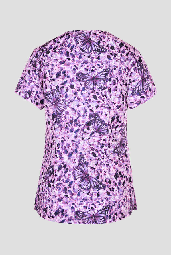 koi Lite Butterflight French Lavender Women's 2-Pocket V-Neck Print Scrub Top - null - 2