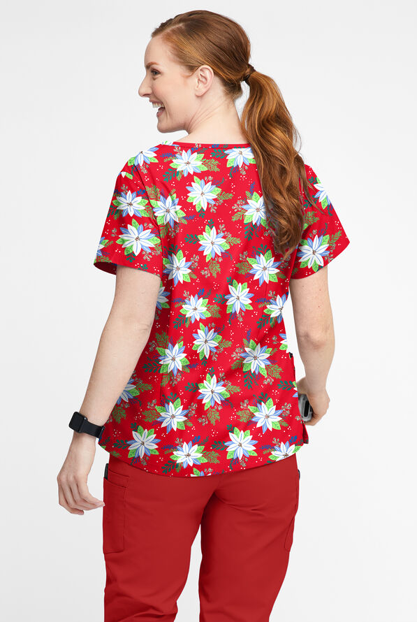 Butter-Soft Winter Floral Red Women’s 4-Pocket V Notch-Neck Print Scrub Top - null - 3