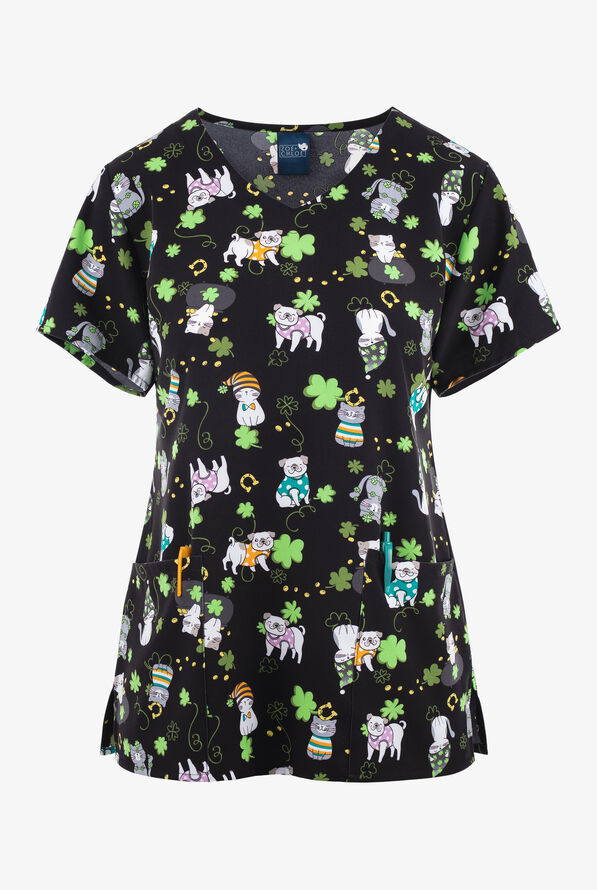 Zoe & Chloe Happy Go Lucky St. Patrick's Day Women's 2-Pocket STRETCH V-Neck Print Scrub Top - null - 1