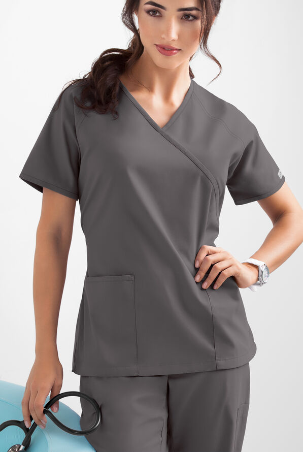 Butter-Soft Core Women's 2-Pocket Solid Mock Wrap Scrub Top - Grey Stone - 3