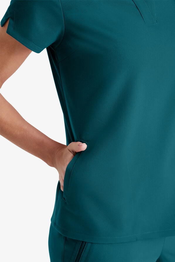 Grey's Anatomy by Barco Spandex STRETCH Avery Women's 2-Pocket Notch Sleeve V-Neck Scrub Top - Bahama Blue - 3