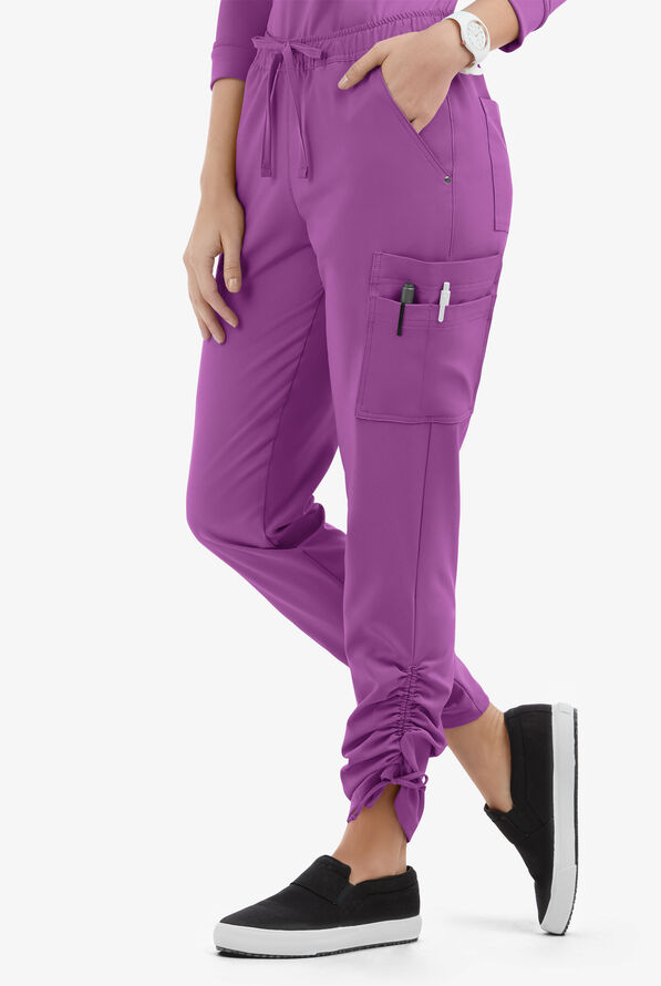 Easy STRETCH Halle Women's 11-Pocket Ruched Leg Jogger Scrub Pants - Purple Swirl - 1