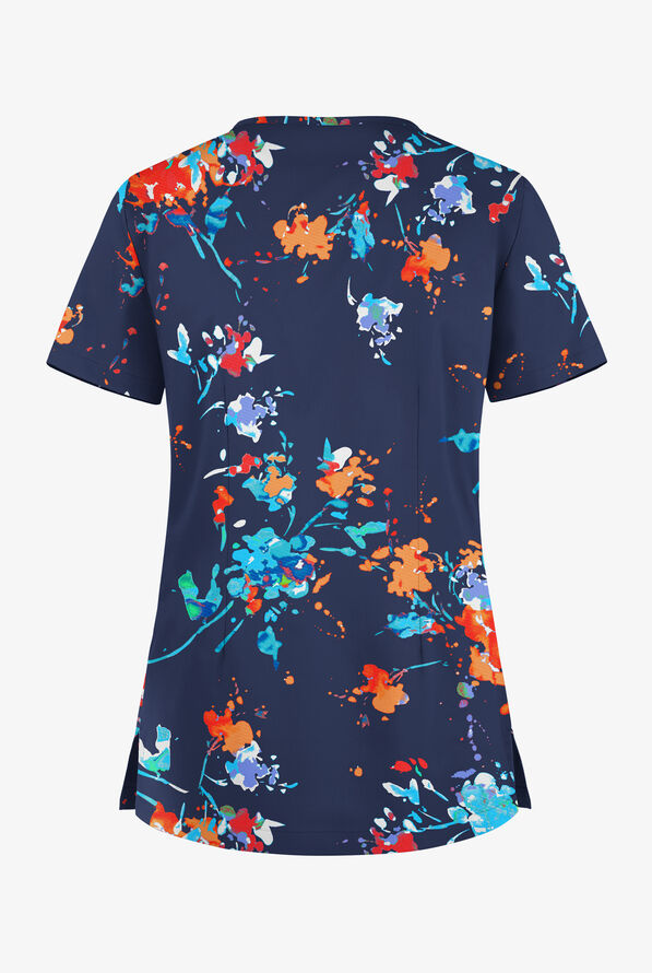 Butter-Soft STRETCH Floral Splash Navy Women's 1-Pocket Tuck-In V-Neck Print Scrub Top - null - 2