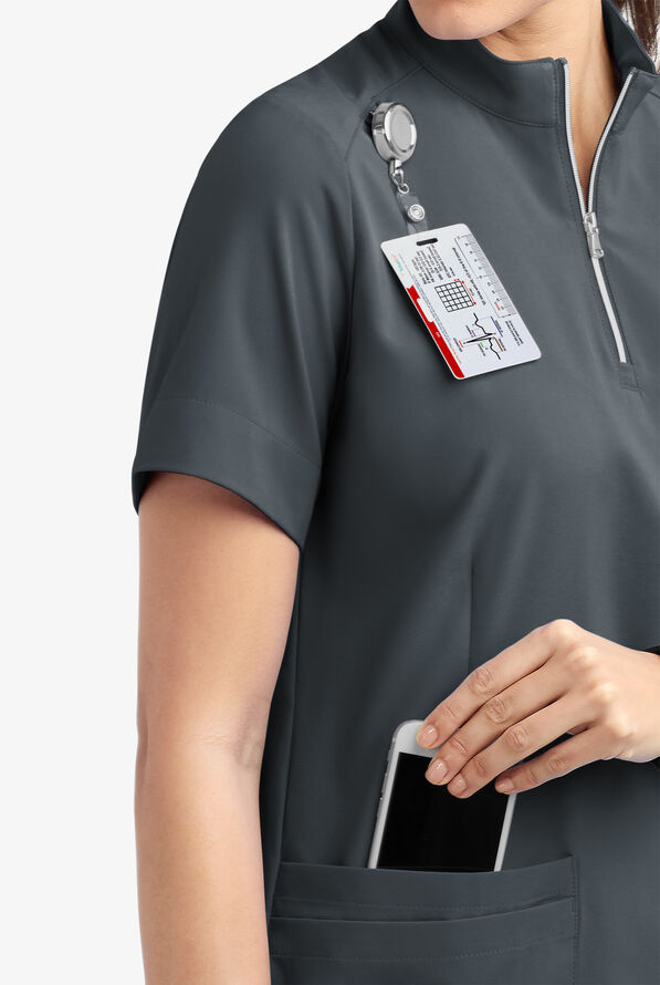 Easy STRETCH Jen Women's 4-Pocket Zip-Neck Short Sleeve Scrub Top - Pewter - 6