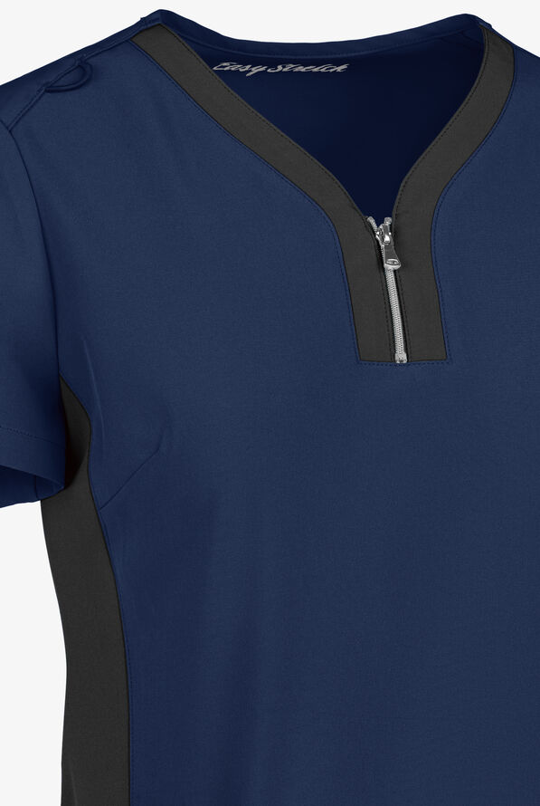 Easy STRETCH Lily Women's 4-Pocket Zip Neck Henley Scrub Top - Navy/Black - 5