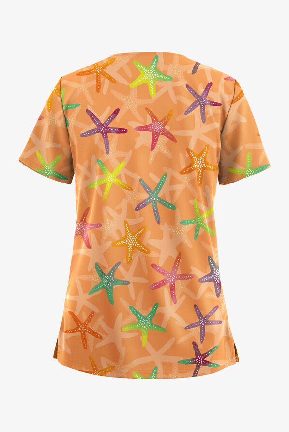 Butter-Soft STRETCH Seastar Symphony Peach Creamsicle Women's 2-Pocket V-Neck Print Scrub Top - null - 2