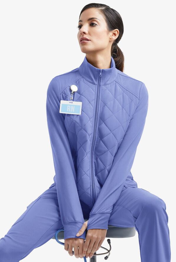 Easy STRETCH Keira Women's 2-Pocket Quilted Long Sleeve Scrub Jacket - Ceil Blue - 1