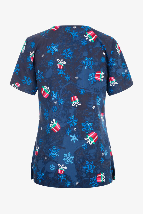 Tooniforms Rudolph All the Gifts Women's 3-Pocket STRETCH V-Neck Print Scrub Top - null - 2