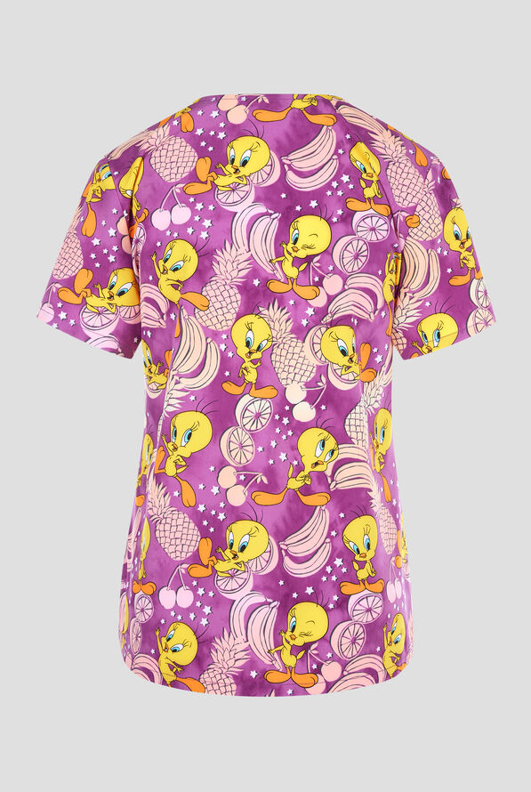 Tooniforms Looney Tunes Tropical Tweety Women's 1-Pocket STRETCH V-Neck Print Scrub Top - null - 2