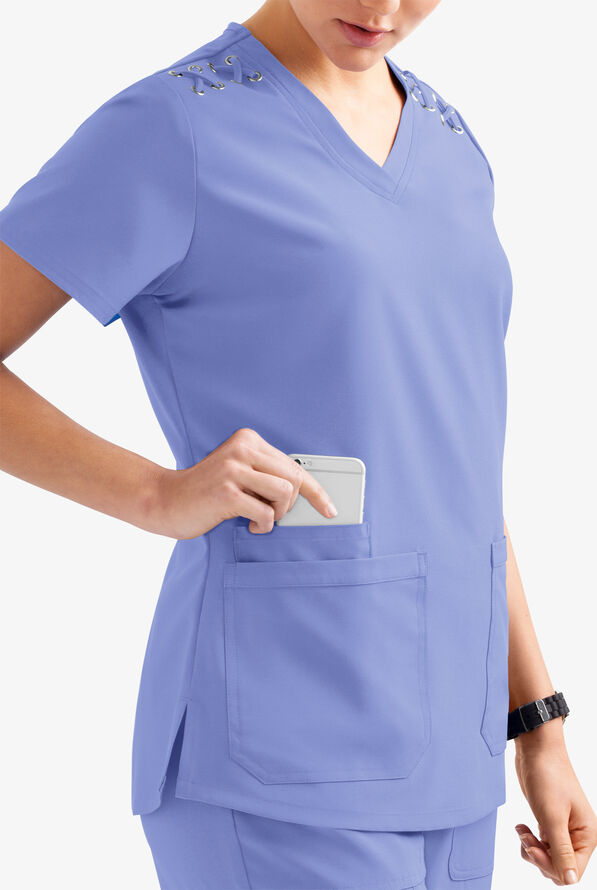 Blusa m&eacute;dica Easy STRETCH Leila con ojales con lazos y 3 bolsillos para mujer - Ceil Blue - 3