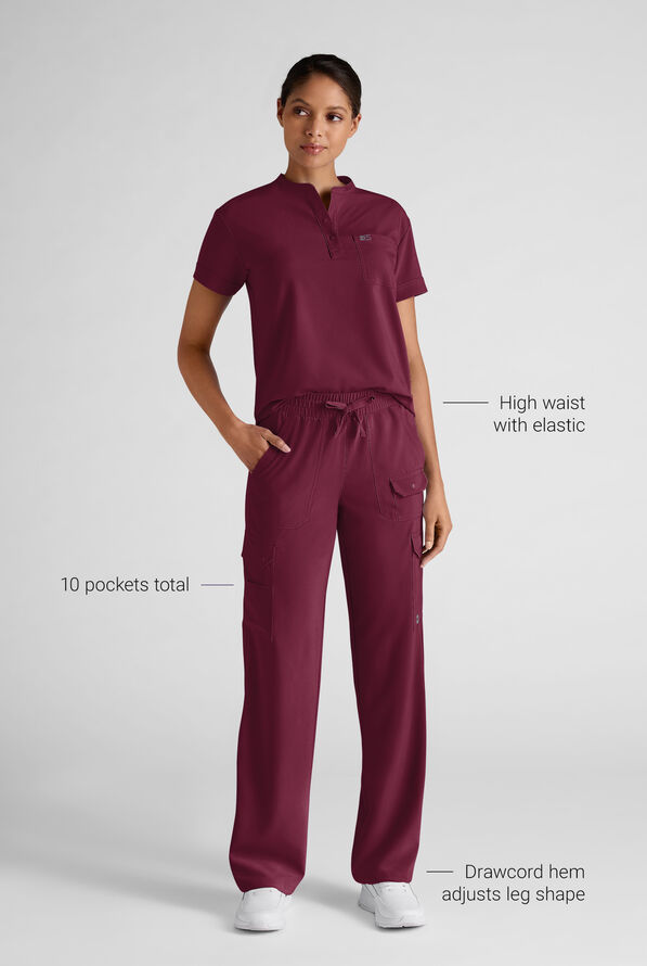 Easy STRETCH Ayo Women's 10-Pocket Cargo Scrub Pants - Petite - Wine - 3