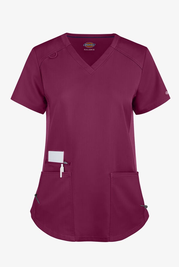 Dickies Balance Women's 5-Pocket STRETCH V-Neck Knit Panel Scrub Top - Wine - 1
