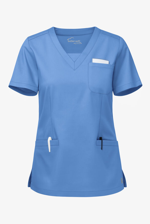 Blusa médica UA Butter-Soft STRETCH con cuello en V y 3 bolsillos de ojal para mujer - Ceil Blue - 1
