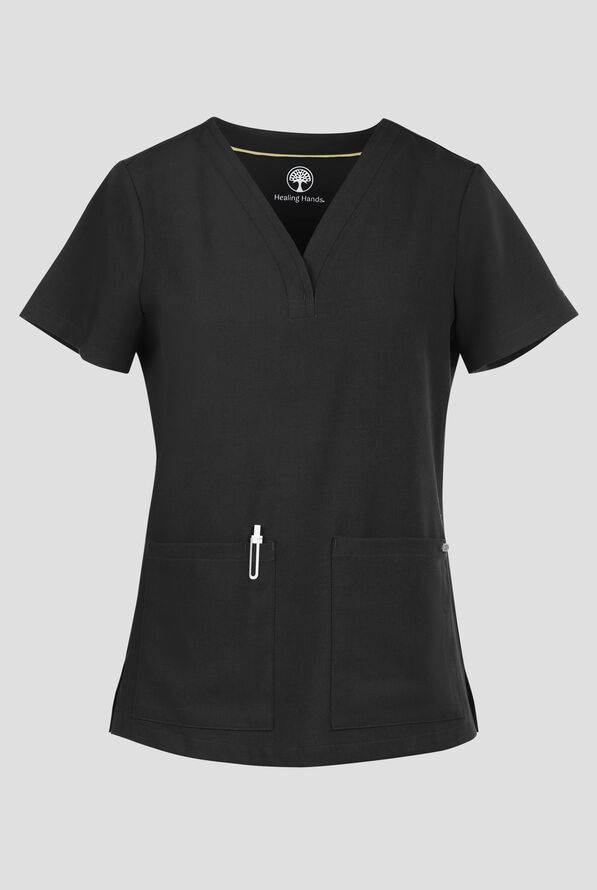 Healing Hands Quest Briana Women's 3-Pocket STRETCH Y-Neck Scrub Top - Black - 1