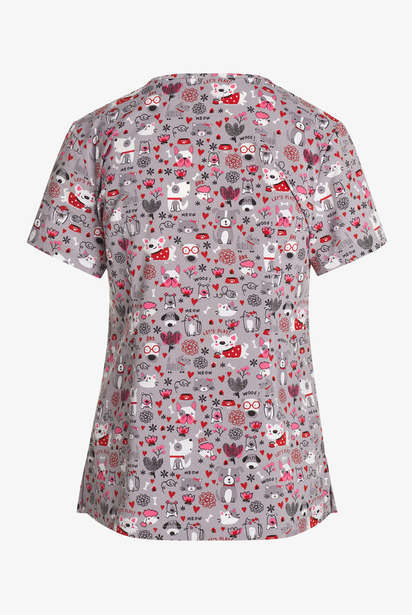 Blusa médica estampada koi Basics Meowed Mix STRETCH con cuello en V y 2 bolsillos para mujer - null - 2