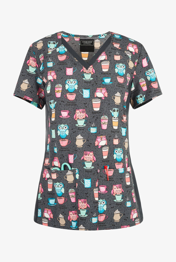 Cherokee Owl I Need Is Coffee Women's 2-Pocket STRETCH V-Neck Print Scrub Top - null - 1