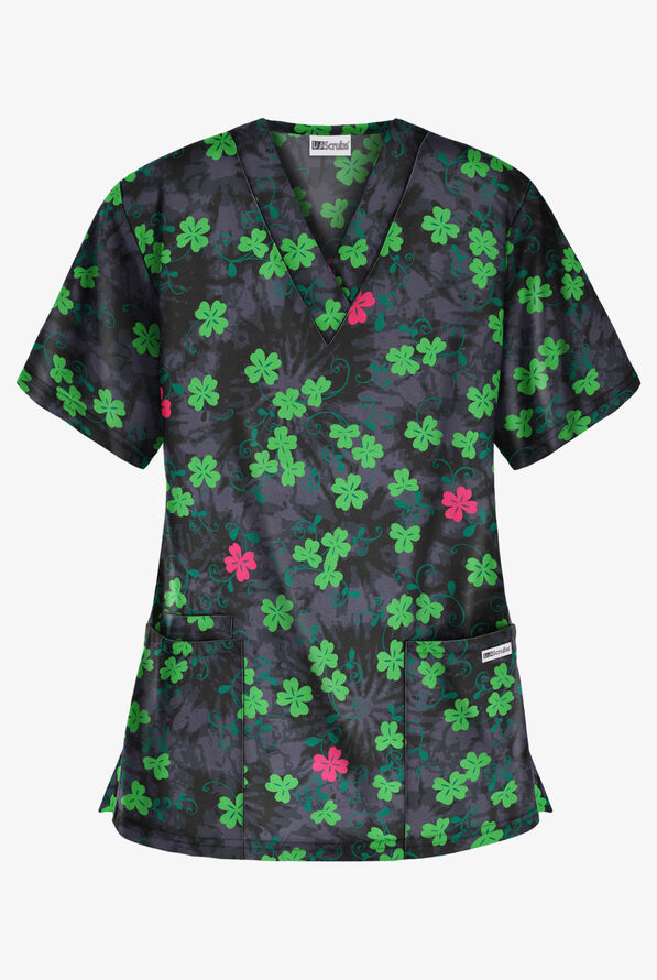 Blusa médica estampada UA Lucky Clover Granite con cuello en V y 3 bolsillos para mujer - null - 1