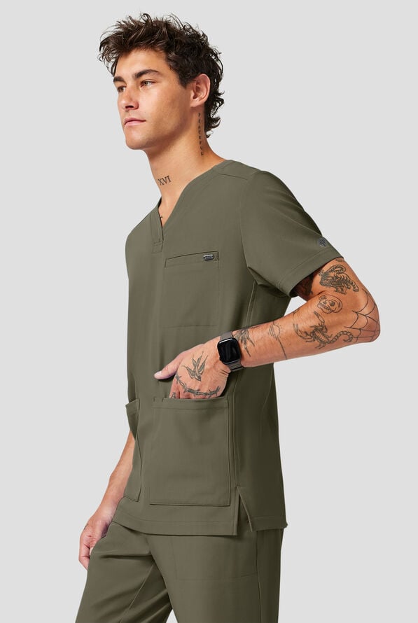Healing Hands Quest Avery Men's 4-Pocket STRETCH Y-Neck Scrub Top - Olive - 5