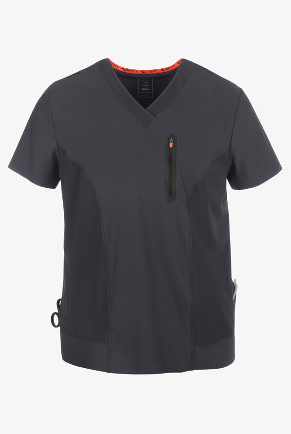 Infinity GNR8 Kinetic Knit Men's 3-Pocket STRETCH Zip Chest Pocket Crossover V-Neck Scrub Top - Pewter - 1