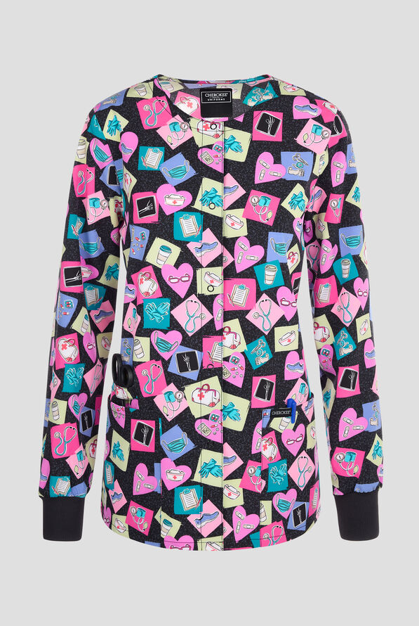 Cherokee Health-abet Women's 2-Pocket STRETCH Snap Front Print Scrub Jacket - null - 1
