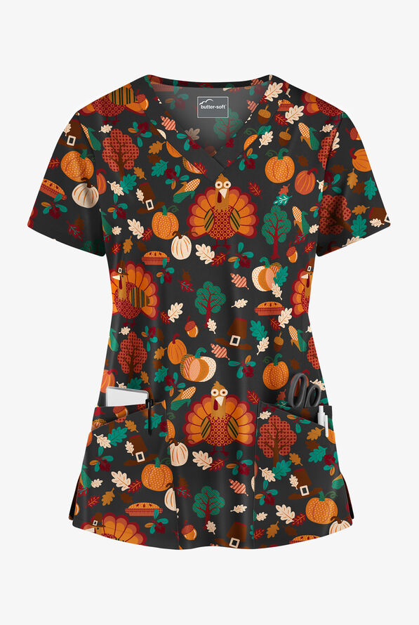 Butter-Soft Thanksgiving Time Women's 4-Pocket Rounded V-Neck Print Scrub Top - null - 1