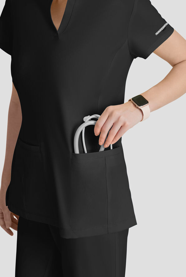 Skechers by Barco Coast Women's 2-Pocket STRETCH Banded Collar V-Placket Scrub Top - Black - 6