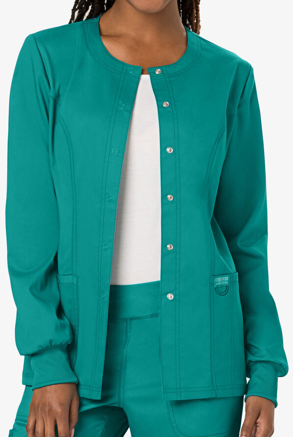 Cherokee Workwear Revolution Women's 3-Pocket STRETCH Snap Front Scrub Jacket - Teal - 2