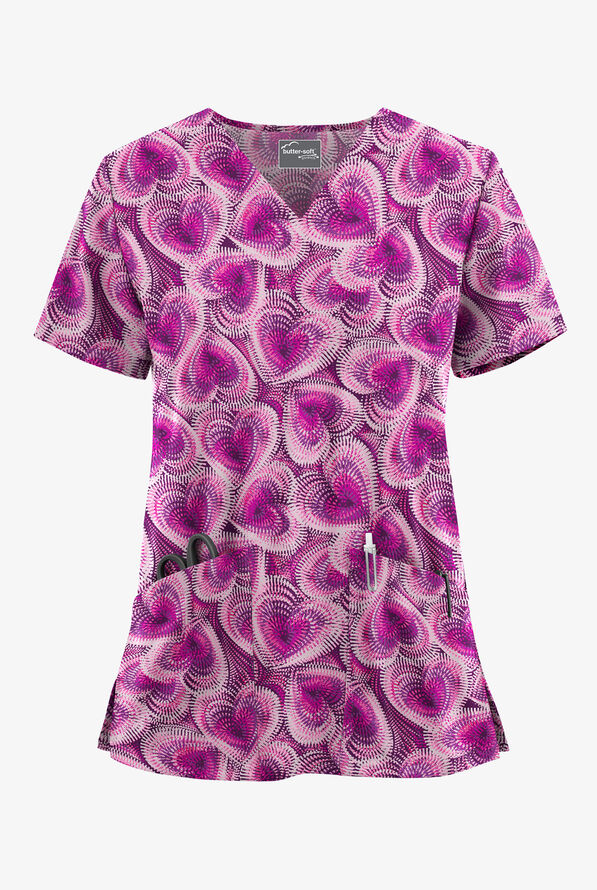 Butter-Soft STRETCH Kinetic Hearts Eggplant Women's 2-Pocket V-Neck Print Scrub Top - null - 1