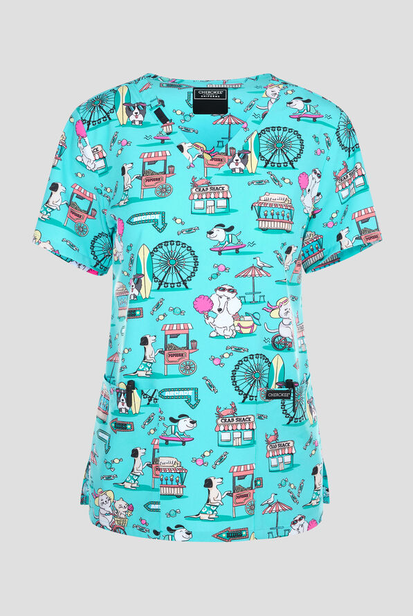 Cherokee Vintage Boardwalk Women's 2-Pocket STRETCH V-Neck Print Scrub Top - null - 1