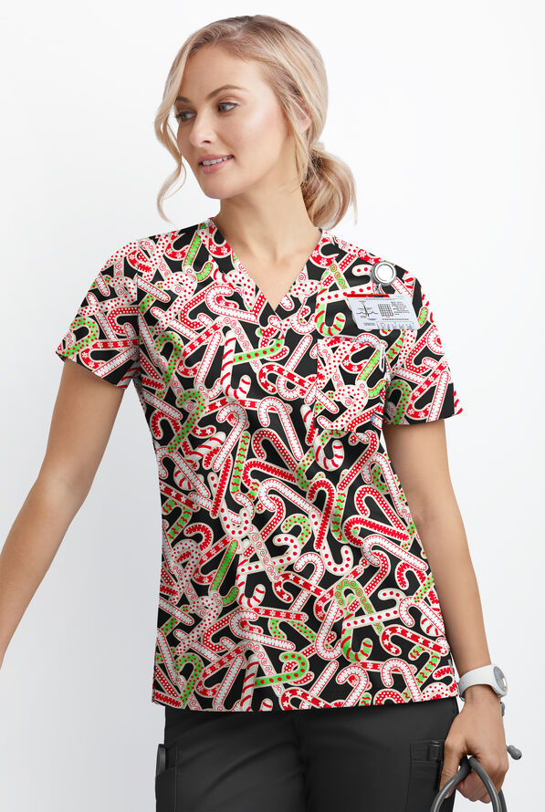 Butter-Soft Noel Candy Canes Women's 1-Pocket V-Neck Tuck-In Print Scrub Top - null - 2