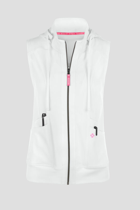 Med Couture Amp Women's 4-Pocket STRETCH Zip Front Removable Hoodie Scrub Vest - White - 1