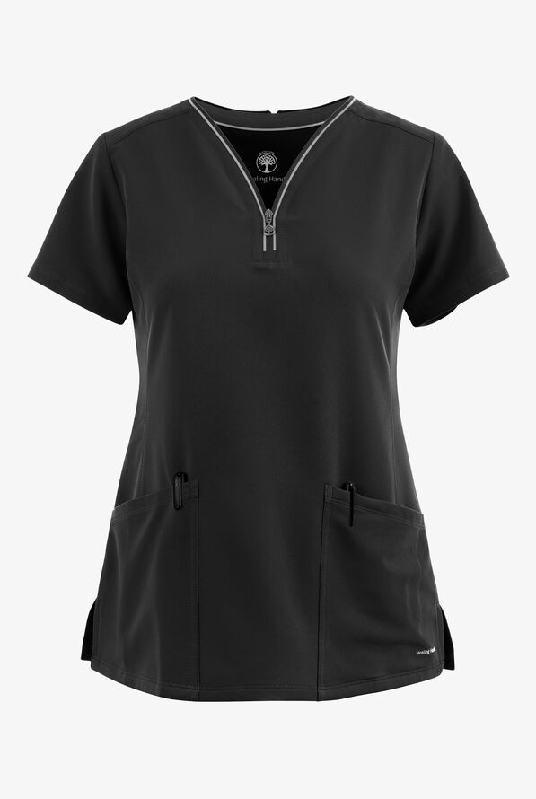 Healing Hands 360 Sonia Women's 3-Pocket STRETCH Reflective Y-Neck Zip Scrub Top - Black - 1