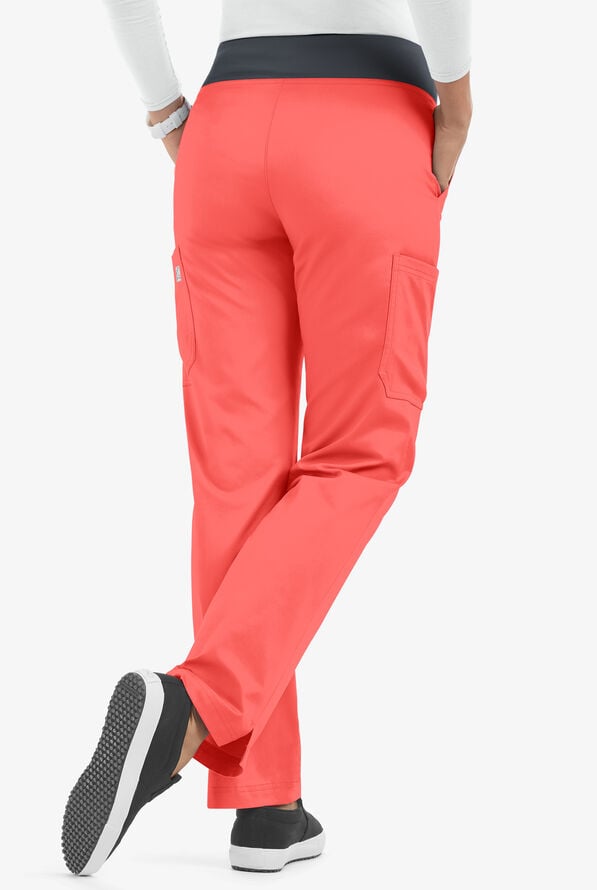 Butter-Soft STRETCH Women's 4-Pocket Knit Waistband Yoga Scrub Pants - Canyon Coral/Pewter - 3