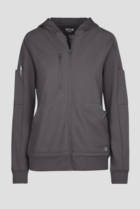 Wink Renew Knit Women's 4-Pocket STRETCH Front Zip Scrub Hoodie Jacket - Pewter - 1