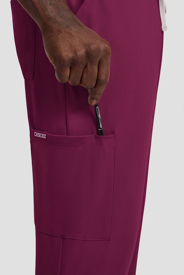 Cherokee Achieve Men's 5-Pocket STRETCH Straight Leg Cargo Knit Scrub Pants - Wine - 2