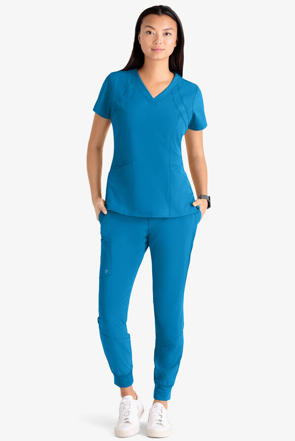 Barco One Racer Women's 4-Pocket STRETCH Perforated Detail V-Neck Scrub Top - Wave Blue - 2