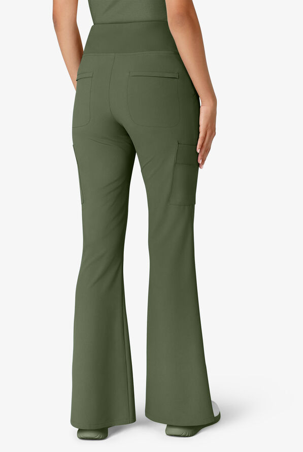 Wink Renew Women's 7-Pocket STRETCH Yoga Waist Flare Notch Leg Cargo Scrub Pants - Olive - 3