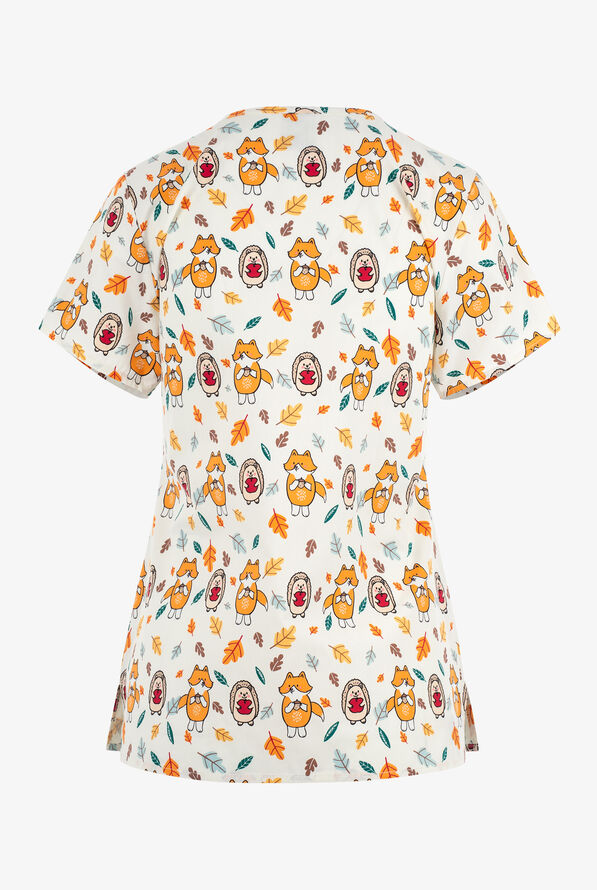 Zoe & Chloe Happy Harvest Animal Thankgiving Women's 2-Pocket V-Neck Print Scrub Top - null - 2