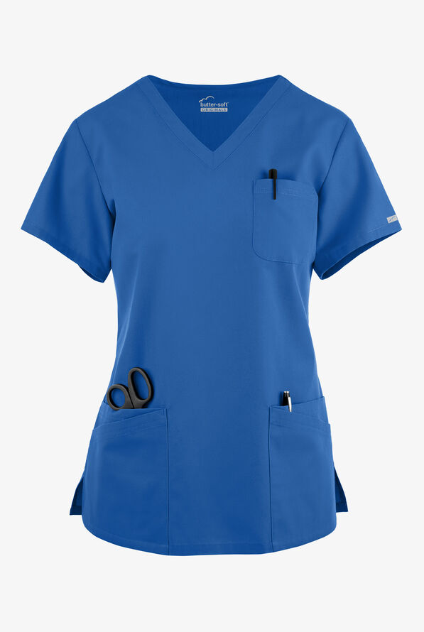 Blusa médica Butter-Soft Originals con cuello en V curvo y 7 bolsillos para mujer - Royal - 1