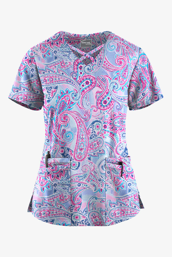 Butter-Soft STRETCH Paisley Romance Fuchsia Women's 4-Pocket Crisscross Print Scrub Top - null - 1