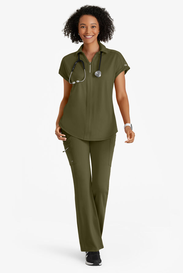 Barco One Performance Knit Sprint Women's 7-Pocket STRETCH High Waisted Fit & Flare Scrub Pant - Olive - 4