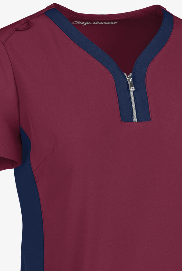 Easy STRETCH Lily Women's 4-Pocket Zip Neck Henley Scrub Top - Wine/Navy - 5