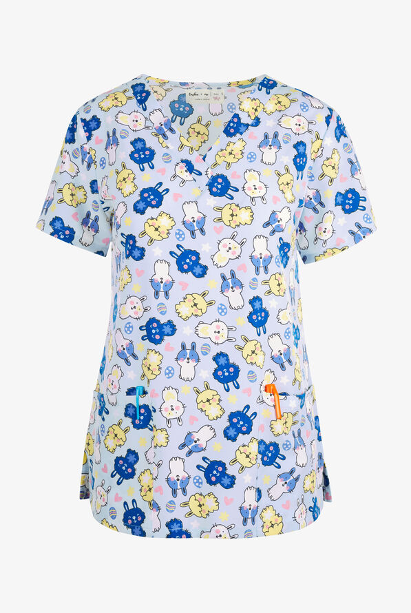 Tasha and Me Funny Bunny Women's 2-Pocket STRETCH V-Neck Print Scrub Top - null - 1